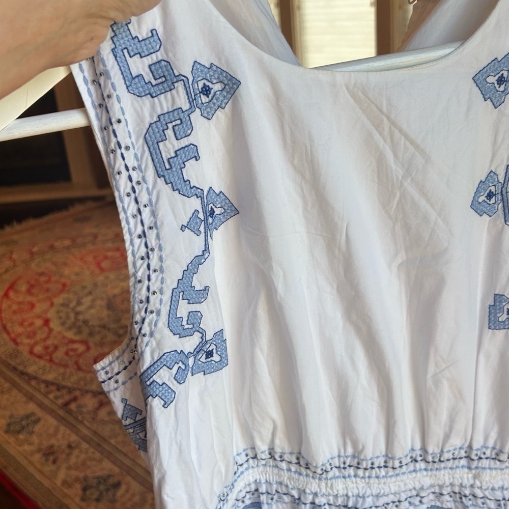 Zara White Midi Dress with Blue Embroidered Trim - Picture 5 of 9